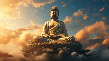 The buddha statue is sitting on top of clouds. Generative AI.