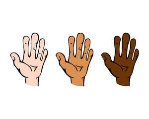 Raised hand with open palm in view in vector with different color skin tone variations