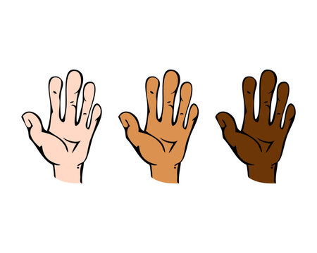 Raised hand with open palm in view in vector with different color skin tone variations