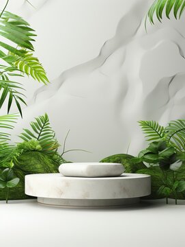 Green leaves and stone slabs product display, white podium and platforms, 3d rendering, generative ai
