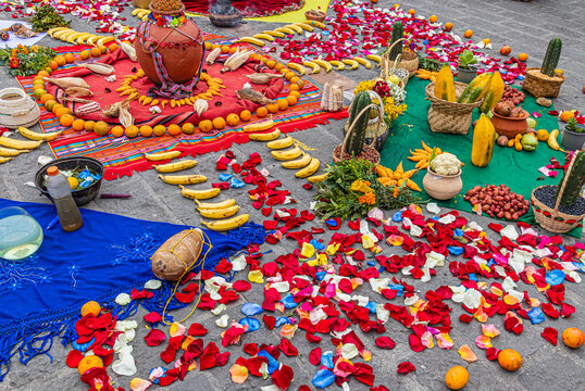 Chakana (Chacana) is an ancient spiritual ceremony around the Andean cross of indigenous of the central Andes. The cross is created from plants, food, seeds. Ecuador, Cuenca