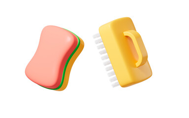 Cartoon brush and sponge in the white background, 3d rendering.