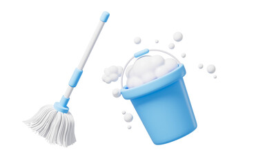 Cartoon mop and pail, do housework, 3d rendering.