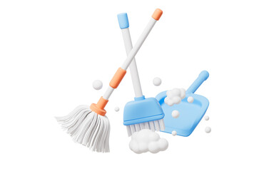 Cartoon mop and broom in the yellow background, 3d rendering. - obrazy, fototapety, plakaty