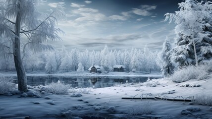 Snowy winter forest in the mountain hills background.