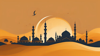 silhouette of mosque in sunset, silhouette of mosque, silhouette of mosque ramadan, silhouette of mosque ramadhan, magrib, ramadan bulan puasa, promosi untuk bulan ramadan - obrazy, fototapety, plakaty