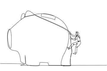 Single continuous line drawing businesswoman climbing piggy bank with rope. Entrepreneur working hard to make investments preparing for retirement. Smart worker. One line design vector illustration