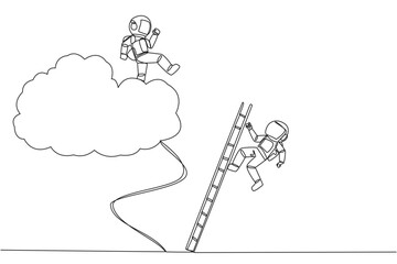 Single continuous line drawing astronaut kicks opponent who climbing the cloud with a ladder. Perfect achievement in business. Bring down competitors in any way. One line design vector illustration