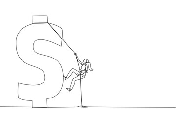 Continuous one line drawing businesswoman climbs dollar symbol. Metaphor looking for extra money because of high needs. Smart work combined with hard work. Single line draw design vector illustration