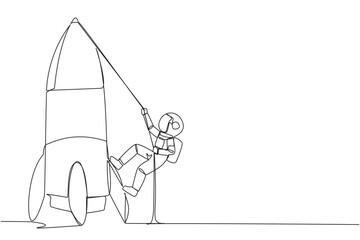 Single one line drawing young astronaut climbs rocket with rope. Set the intention to open a new branch. Work hard to expand the business. Smart hard work. Continuous line design graphic illustration © Simple Line