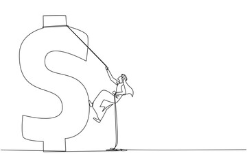 Single continuous line drawing Arabian businessman climbs dollar symbol. Metaphor looking for extra money because of high needs. Smart work combined with hard work. One line design vector illustration
