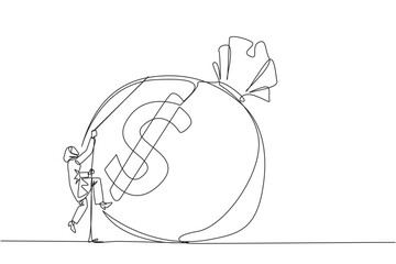 Single one line drawing Arabian businesswoman climbs money bag with rope. Work harder to get very large retirement fund. Bring out abilities to the maximum. Continuous line design graphic illustration