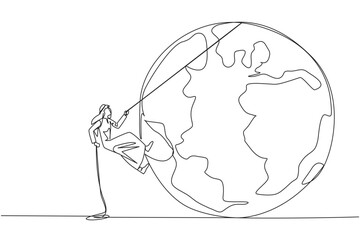 Continuous one line drawing Arab businessman climbs globe with rope. Trying dominate world with massive business expansion. Success reach top of the world. Single line draw design vector illustration