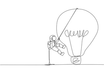 Single one line drawing astronaut climbing lightbulb with rope. Trying to reach high places to get useful fresh ideas. For the company's benefit. Work hard. Continuous line design graphic illustration © Simple Line