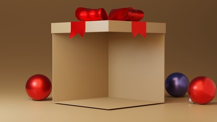 Blank display gift box mockup stand with red ribbon bow isolated on black background with balls for the Christmas tree 3D rendering