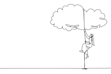 Continuous one line drawing Arab businessman climbing clouds with rope. A metaphor for hanging dreams sky high. Ultimate success. Hard worker. Work smarter. Single line draw design vector illustration