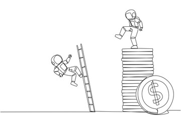 Continuous one line drawing astronaut kicks opponent who climbing a pile of coins with a ladder. Greed for wealth. Forgetting comrades in arms. The traitor. Single line draw design vector illustration