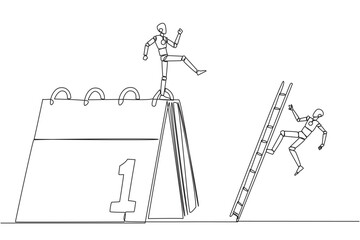 Continuous one line drawing smart robot kicks opponent who is climbing a desk calendar with a ladder. Vacations will be canceled due to many deadlines. Single line draw design vector illustration