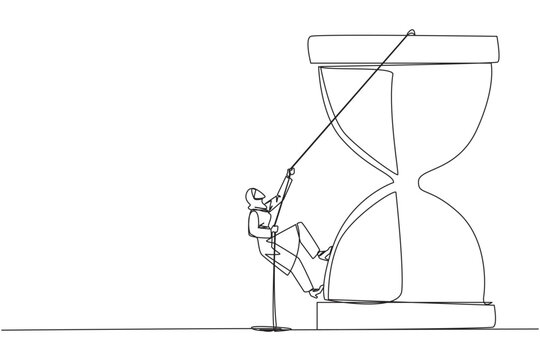 Single one line drawing Arab businesswoman climbs hourglass with rope. Countdown is set. Deadline is coming soon. Time management must be good. Work smart. Continuous line design graphic illustration