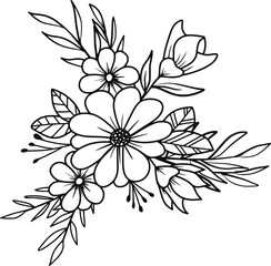 Hand-drawn floral arrangement outlines flowers and leaves bouquet