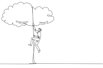 Continuous one line drawing businessman climbing clouds with rope. A metaphor for hanging dreams sky high. Ultimate success. Hard worker. Work smarter. Single line draw design vector illustration