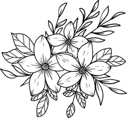 Hand-drawn floral arrangement outlines flowers and leaves bouquet