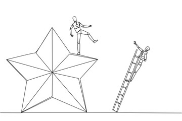 Continuous one line drawing smart robot kicks opponent who is climbing the star with the ladder. Dropping opponents from achieving the same dream. Rival. Single line draw design vector illustration