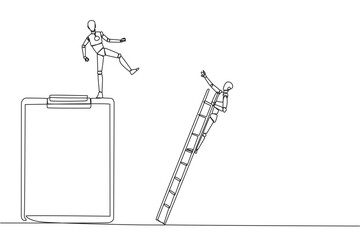 Single continuous line drawing smart robot kicks opponent who is climbing a big clipboard with a ladder. The bully will ruin the daily report. Chase away bullies. One line design vector illustration