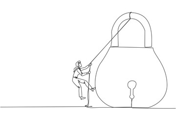 Single one line drawing businesswoman climbing padlock with rope. Do the best to privatize business. Sole owner. The result of smart hard work. Satisfied. Continuous line design graphic illustration