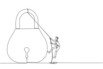 Single continuous line drawing businessman climbing padlock with rope. Do the best to privatize the business. Sole owner. The result of smart hard work. Satisfied. One line design vector illustration