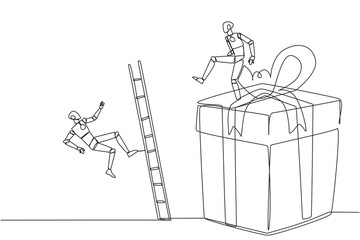 Single continuous line drawing the smart robot kicks opponent who is climbing the gift box with the ladder. Competition justifies any means to get rewards. Rival. One line design vector illustration