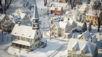 Obraz premium Winter Cityscape with Snow-Covered Bridge and Village, Featuring Old Buildings, Abandoned Factories, and Urban Ruins