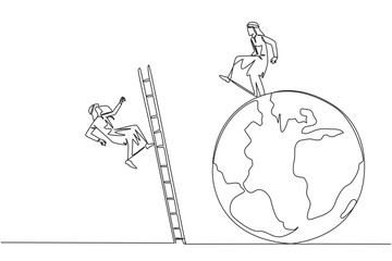 Single continuous line drawing Arab businessman kicks opponent who climbing the globe with a ladder. Failed to be on top of the world. Dropped by business friend. One line design vector illustration
