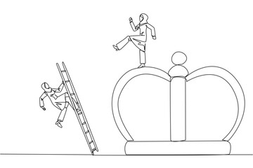 Single continuous line drawing Arab businesswoman kicks opponent who climbs the crown with ladder. Making rivals fall from business glory. Unhealthy competition. One line design vector illustration