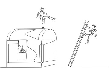 Continuous one line drawing businessman kicks opponent who climbs treasure chest with ladder. Greed for wealth. Betrayal. Unfair business competition. Single line draw design vector illustration