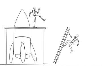 Continuous one line drawing the robot kicks opponent who climbing the rocket with ladder. Failure to open new business. Cheated by business friend. Traitor. Single line draw design vector illustration