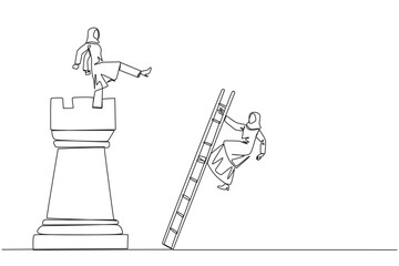Continuous one line drawing Arab businesswoman kicks rival who climbs chess rook with ladder. Wrong move. Wrong strategy. Plan leaked by colleague. Traitor. Single line draw design vector illustration