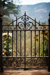 Black metal gate with forged elements and flowers.