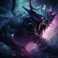 Fantasy monster dragon in dark space. illustration Fantasy.
