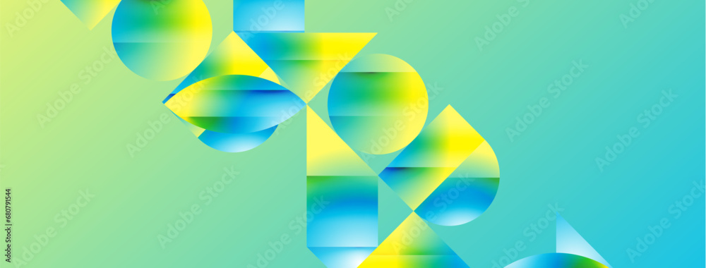 Poster Serene gradient template. Circles and triangles mingle in minimalist perfection. Gentle fusion of forms and hues creates balanced yet captivating backdrop, embodying modern sophistication