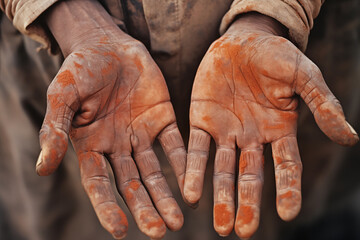 Hands poor old man or beggar begging you for help sitting at dirty slum.concept for poverty or hunger people,human Rights,donate and charity for underprivileged elderly people in third world.  - obrazy, fototapety, plakaty