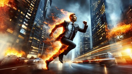 Businessman on fire running with a sense of urgency and rush. the concept of time is everything, time flies quickly. - obrazy, fototapety, plakaty