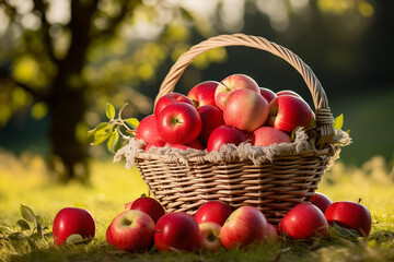 Fresh apples arranged in a unique basket against a serene natural backdrop