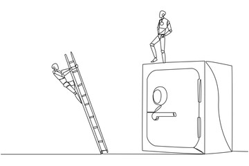 Single continuous line drawing the smart robot kicks opponent who is climbs safe deposit box with ladder. Dropped roughly. Unable to save important files. Rival. One line design vector illustration