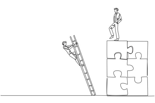 Continuous one line drawing businessman kicks opponent who climbing the puzzle with stairs. Betrayed by colleague when successfully resolving a problem. Single line draw design vector illustration