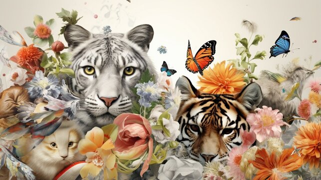 a collage-style image of mammalian pets with elements of nature and beauty, such as butterflies and flowers