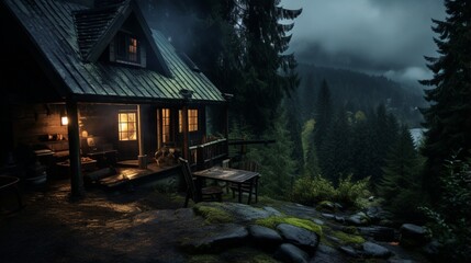 Fototapeta na wymiar A cozy mountain cabin, where a writer finds inspiration on a laptop