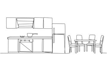 Continuous one line drawing the kitchen room has elegant classic feel. The dining table in a row gives a minimalist impression. Semi-modern style kitchen. Single line draw design vector illustration - obrazy, fototapety, plakaty