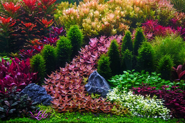 Colorful aquatic plants in aquarium tank with Dutch inspired style aquascaping layout. Aquarium