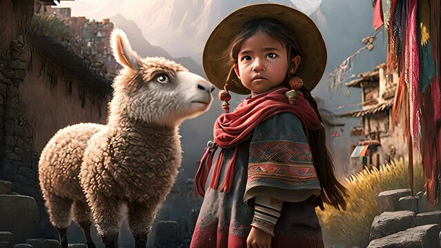 Little girl with her llama in the picturesque mountains. Created with generative AI.